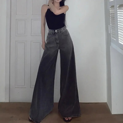 Blugi gri flare Femei Hotsweet Ulzzang Chic Spălați Vintage High Street Young Simplu Distressed Loose Mopping Design Harajuku