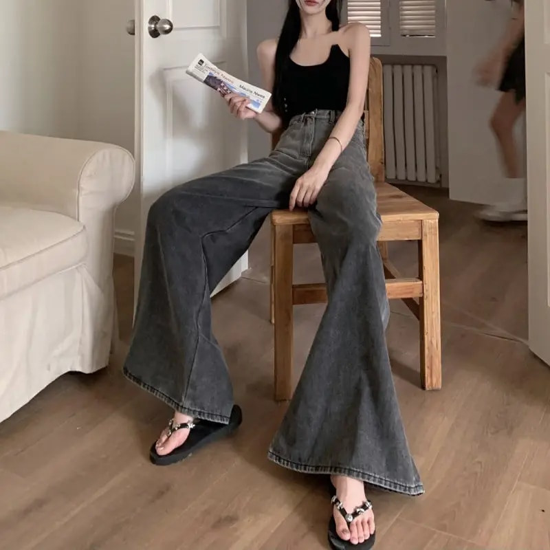 Blugi gri flare Femei Hotsweet Ulzzang Chic Spălați Vintage High Street Young Simplu Distressed Loose Mopping Design Harajuku