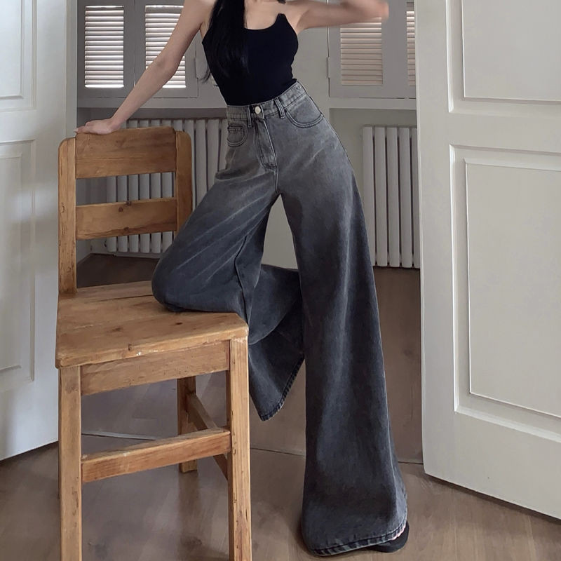 Blugi gri flare Femei Hotsweet Ulzzang Chic Spălați Vintage High Street Young Simplu Distressed Loose Mopping Design Harajuku