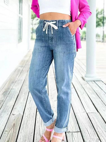 FSMG Дамски свободни харем дънки с голям размер, ежедневни модни удобни прави дънкови панталони с еластична талия за пролетта и есента