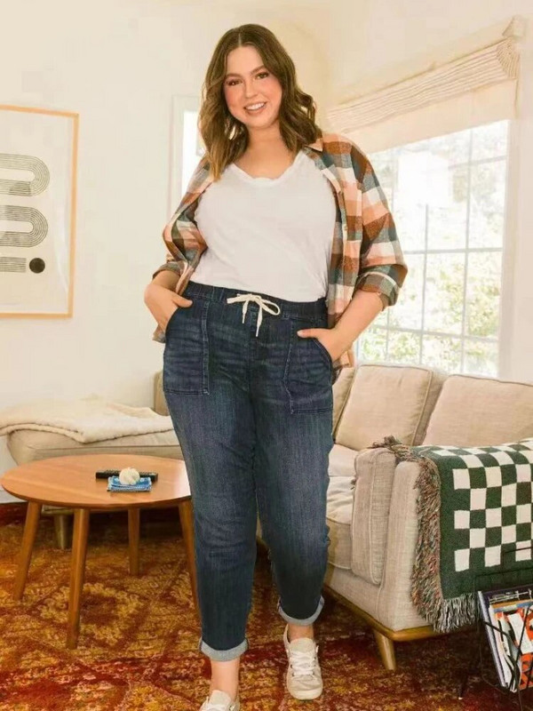 FSMG Blugi harem largi de talie mare pentru femei, cu talie elastică, ocazional, la modă, comozi, drepti, pantaloni din denim pentru primăvară și toamnă