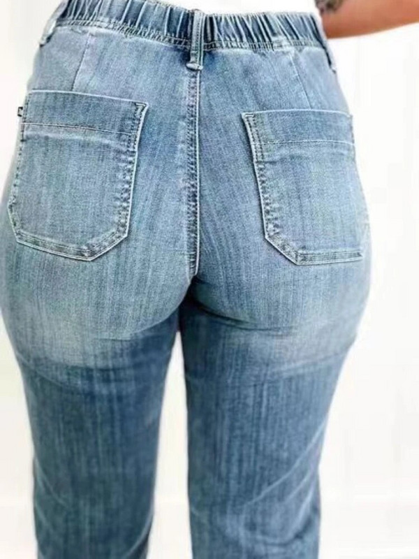 FSMG Blugi harem largi de talie mare pentru femei, cu talie elastică, ocazional, la modă, comozi, drepti, pantaloni din denim pentru primăvară și toamnă