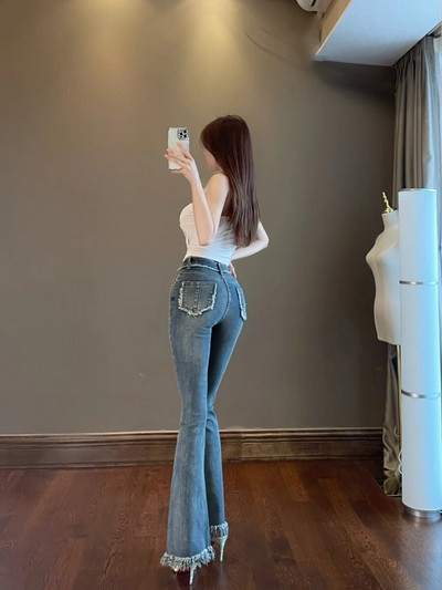 WOMENGAGA Pantaloni evazați cu ciucuri Blugi 2023 noi Pantaloni subțiri cu talie înaltă elastici din potcoavă Pantaloni din denim Moda femei sexy K5BG