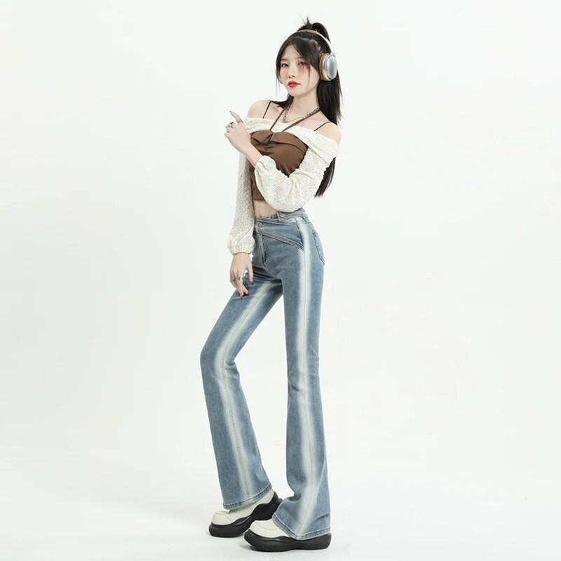 Lepršave traperice visokog struka Široke udobne traperice za žene Hlače u retro stilu Elastične modne traper hlače u bojfriend stilu