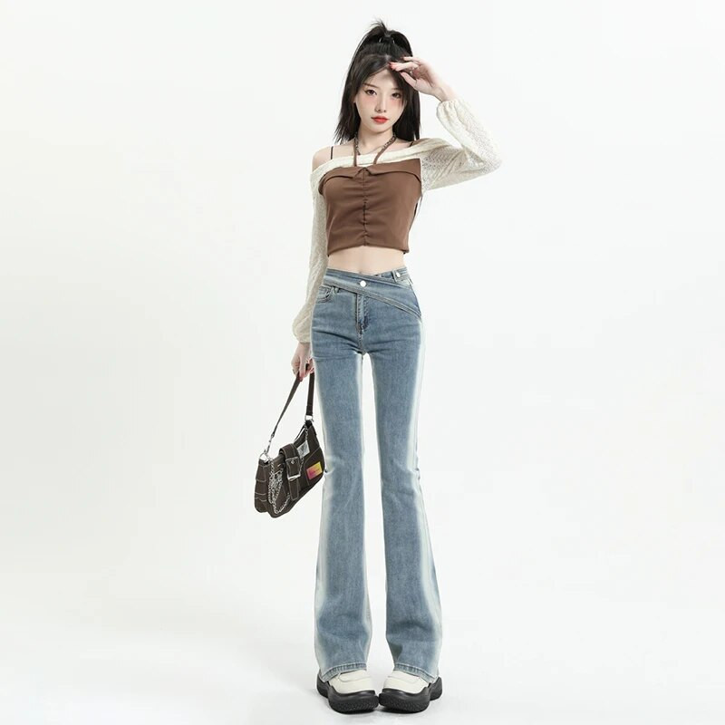 Lepršave traperice visokog struka Široke udobne traperice za žene Hlače u retro stilu Elastične modne traper hlače u bojfriend stilu