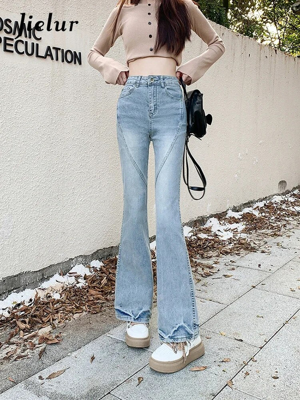 Jielur Toamna New Vintage Slim Blugi Femei Moda Simplu Basic Chicly Flare Jeans Femei Albastru Talie Înaltă Street Pantaloni Femei
