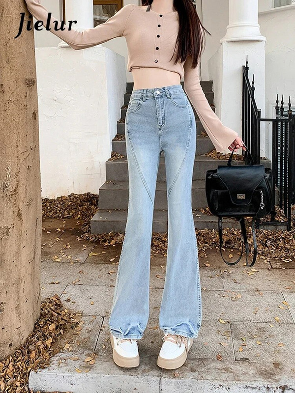 Jielur Toamna New Vintage Slim Blugi Femei Moda Simplu Basic Chicly Flare Jeans Femei Albastru Talie Înaltă Street Pantaloni Femei