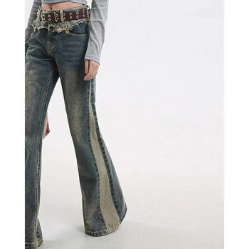 Модни необработени дънки със снаждащи се ръбове Дамски големи американски ретро красиви тънки дънки за почистване на пода Ежедневни дънки с камбанка с висока талия