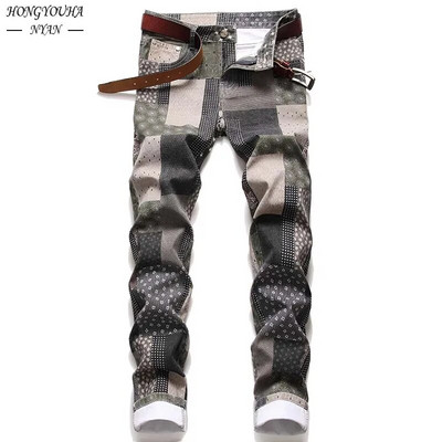 Rudeniniai marginti vyriški klasikiniai įprasti džinsai, vyriški laisvi laisvalaikio kelnės, madingi verslo hiphopo prekės ženklas plius calça masculina