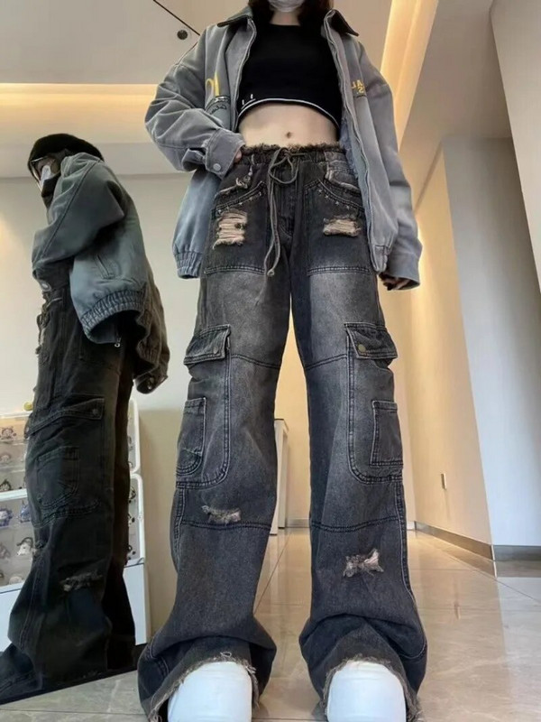 Blugi flare rupti cu design cu șnur Harajuku, pentru femei, toamnă și iarnă, blugi casual versatili, largi, hip hop, cu talie înaltă