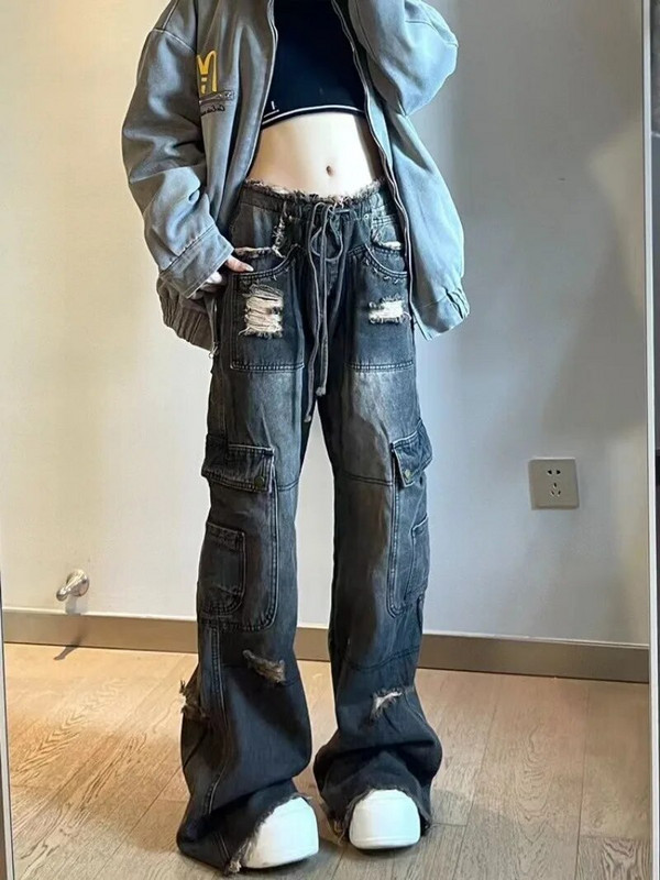 Blugi flare rupti cu design cu șnur Harajuku, pentru femei, toamnă și iarnă, blugi casual versatili, largi, hip hop, cu talie înaltă