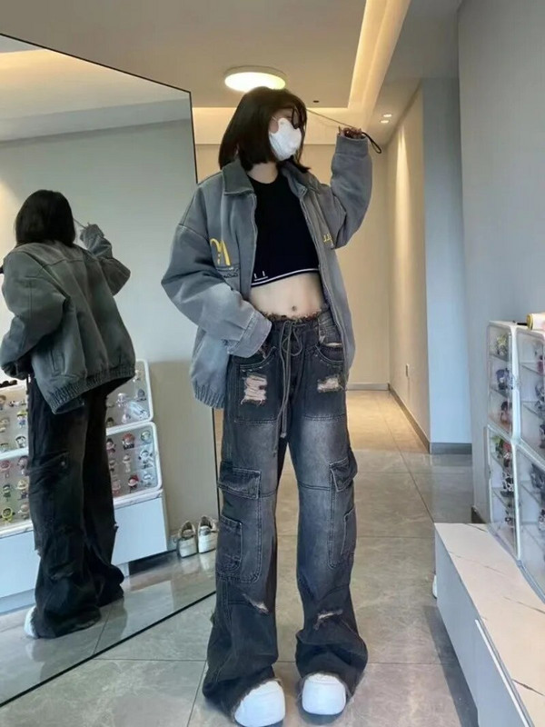 Blugi flare rupti cu design cu șnur Harajuku, pentru femei, toamnă și iarnă, blugi casual versatili, largi, hip hop, cu talie înaltă