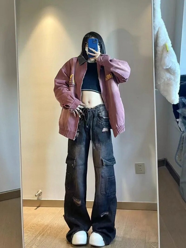 Blugi flare rupti cu design cu șnur Harajuku, pentru femei, toamnă și iarnă, blugi casual versatili, largi, hip hop, cu talie înaltă