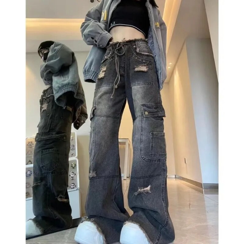 Blugi flare rupti cu design cu șnur Harajuku, pentru femei, toamnă și iarnă, blugi casual versatili, largi, hip hop, cu talie înaltă