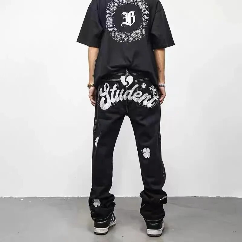 Pantaloni stradă brodați cu litere din High Street Hip Hop largi y2K Pantaloni bărbați din denim, drepti, pantaloni casual, blugi, BĂRBAȚI de lux