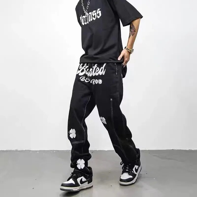 Pantaloni stradă brodați cu litere din High Street Hip Hop largi y2K Pantaloni bărbați din denim, drepti, pantaloni casual, blugi, BĂRBAȚI de lux