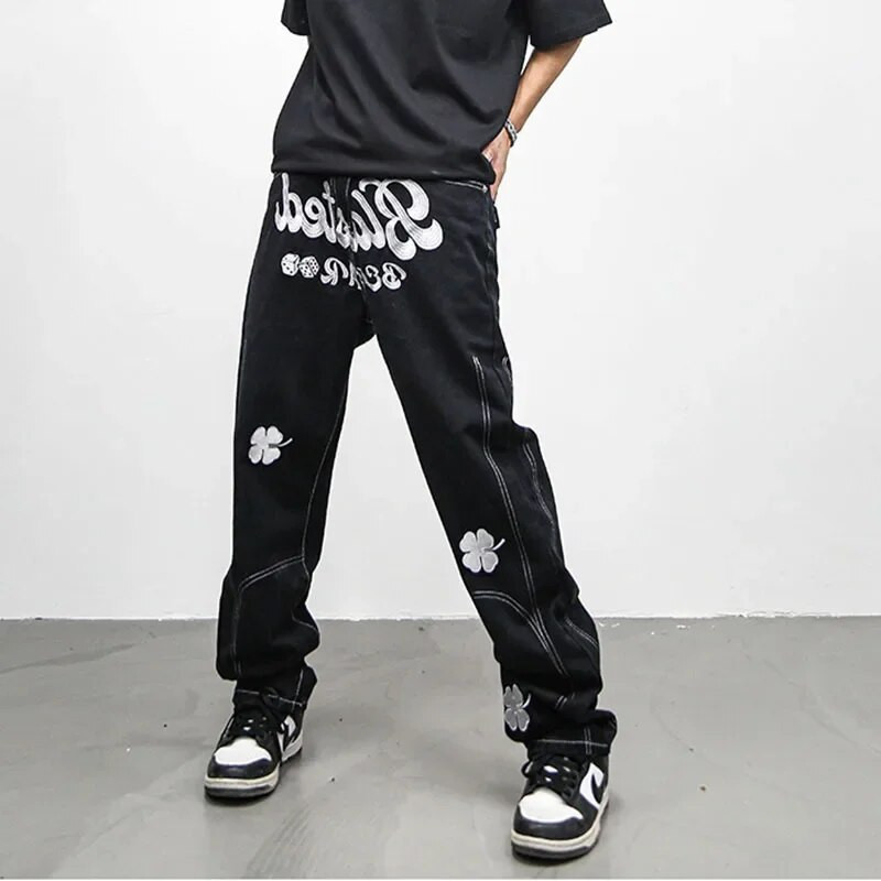Pantaloni stradă brodați cu litere din High Street Hip Hop largi y2K Pantaloni bărbați din denim, drepti, pantaloni casual, blugi, BĂRBAȚI de lux