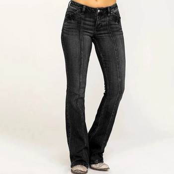 Γυναικείο τζιν με μεσαίο τζιν κέντημα Stretch Button Flare Παντελόνι Jeans Button Fly Fashion Casual μονόχρωμο τζιν παντελόνι