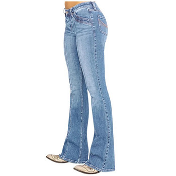 Дамски дънки със средна талия, бродерия, разтегливи панталони с копчета, дънки, копчета, модни ежедневни едноцветни дънкови панталони