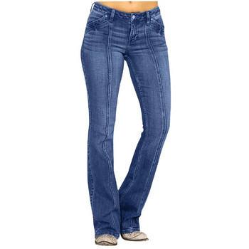 Γυναικείο τζιν με μεσαίο τζιν κέντημα Stretch Button Flare Παντελόνι Jeans Button Fly Fashion Casual μονόχρωμο τζιν παντελόνι