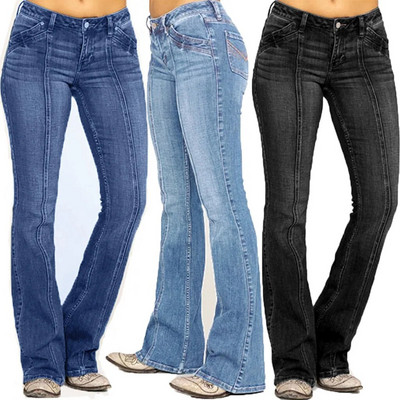 Blugi din denim cu talie mijlocie pentru femei, cu broderie, pantaloni evazați cu nasturi elastice, blugi, cu nasturi, pantaloni de blugi ocazional, de culoare solidă.