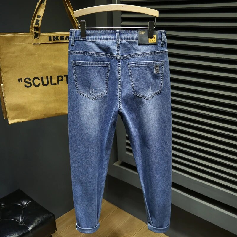 Jesen 2023, nove mode s vezom, muške uske traperice, rastezljive, udobne, traper hlače malih stopala u klasičnom stilu, muške