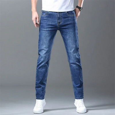 Modne muške rastezljive retro plave traperice za 2024., poslovne ravne široke klasične traperice, ležerne traper hlače, duge hlače, različite hlače