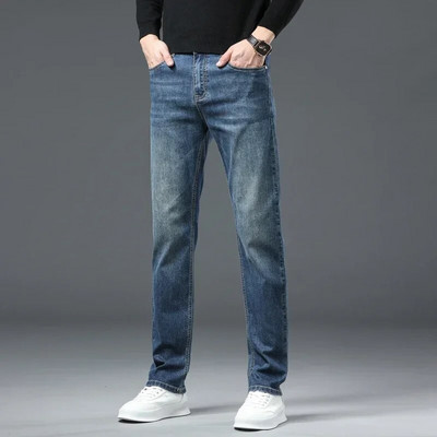 Modne muške rastezljive retro plave traperice za 2024., poslovne ravne široke klasične traperice, ležerne traper hlače, duge hlače, različite hlače