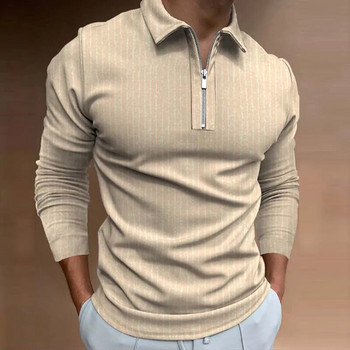 Мъжка поло риза с дълъг ръкав, дизайн с цип, отметната яка, чистоцветни пола, мъжко облекло, улично облекло, ежедневна мода, мъжки блузи