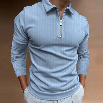 Мъжка поло риза с дълъг ръкав, дизайн с цип, отметната яка, чистоцветни пола, мъжко облекло, улично облекло, ежедневна мода, мъжки блузи