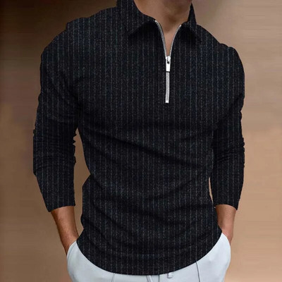 Cămașă polo cu mânecă lungă pentru bărbați Design cu fermoar Guler în jos Polouri de culoare pură Îmbrăcăminte pentru bărbați Îmbrăcăminte de stradă Moda casual pentru bărbați Topuri