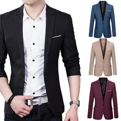 Hot Sale Men\`s Solid Color Step Collar Slim Blazer Formal Business Wear One Button Suit