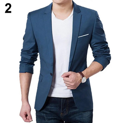 Reducere fierbinte pentru bărbați, culoare solidă, cu guler în trepte, blazer subțire, îmbrăcăminte formală de afaceri, costum cu un buton