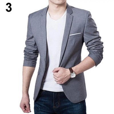 Reducere fierbinte pentru bărbați, culoare solidă, cu guler în trepte, blazer subțire, îmbrăcăminte formală de afaceri, costum cu un buton