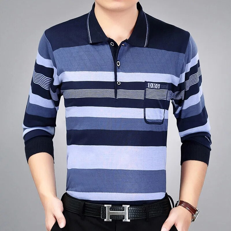 Tavaszi őszi férfi pulóver lehajtható gallér csíkos zsebgombos hosszú ujjú póló Alsóing Divat alkalmi formális felsők