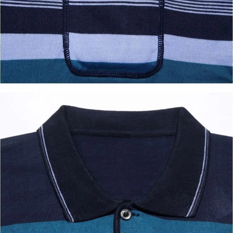 Tavaszi őszi férfi pulóver lehajtható gallér csíkos zsebgombos hosszú ujjú póló Alsóing Divat alkalmi formális felsők