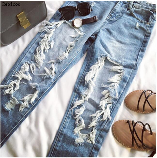 Summer Big Holes Jeans Femei BF Style Blugi rupti Bumbac Denim Pantaloni 6 culori