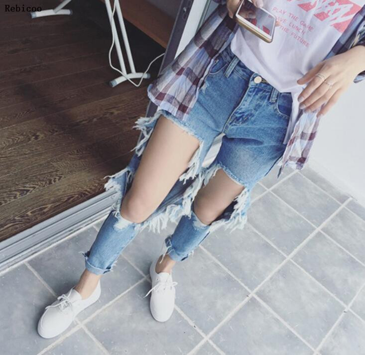 Summer Big Holes Jeans Femei BF Style Blugi rupti Bumbac Denim Pantaloni 6 culori