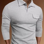 Pulover pentru bărbați, primăvară, toamnă, guler răsturnat, tricou cu mânecă lungă cu nasturi uni, tricou polo, topuri formale ocazionale la modă