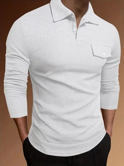 Pulover pentru bărbați, primăvară, toamnă, guler răsturnat, tricou cu mânecă lungă cu nasturi uni, tricou polo, topuri formale ocazionale la modă