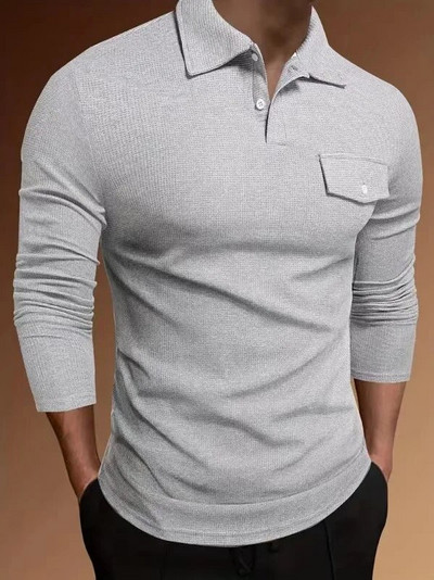 Pulover pentru bărbați, primăvară, toamnă, guler răsturnat, tricou cu mânecă lungă cu nasturi uni, tricou polo, topuri formale ocazionale la modă