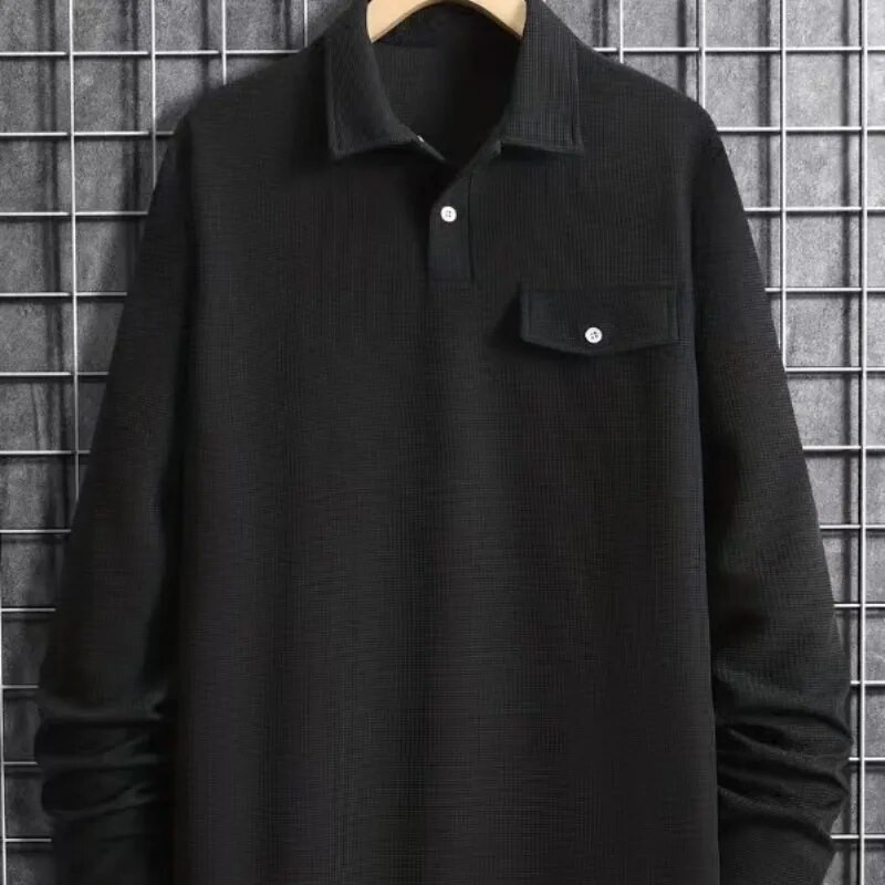 Pulover pentru bărbați, primăvară, toamnă, guler răsturnat, tricou cu mânecă lungă cu nasturi uni, tricou polo, topuri formale ocazionale la modă