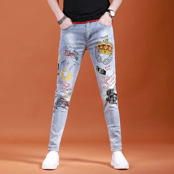 Нови висококачествени пролетни есенни бродирани мъжки тесни дънки, панталони от 90-те, улично облекло, каубойски мъжки деним, дизайнерски хип-хоп панталони