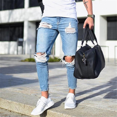 Pantaloni albastru deschis Blugi Blugi pentru bărbați Skinny Slim Ripped Distressed plisați până la genunchi Pantaloni din denim Plus Size Blugi pentru bărbați