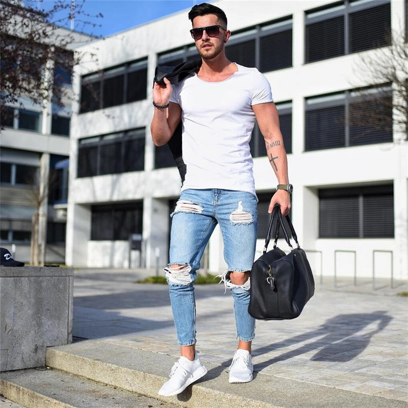 Pantaloni albastru deschis Blugi Blugi pentru bărbați Skinny Slim Ripped Distressed plisați până la genunchi Pantaloni din denim Plus Size Blugi pentru bărbați