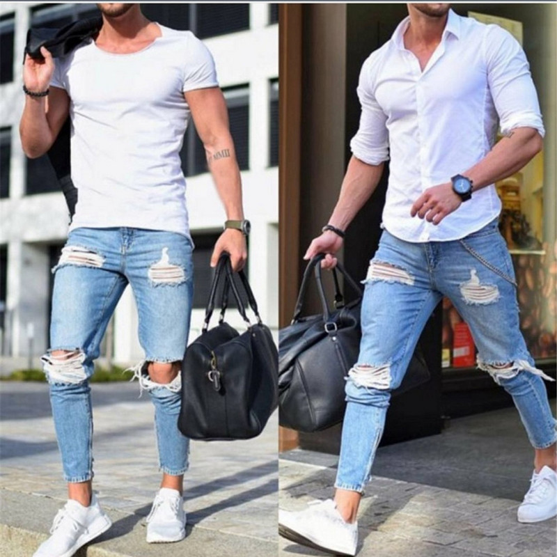 Pantaloni albastru deschis Blugi Blugi pentru bărbați Skinny Slim Ripped Distressed plisați până la genunchi Pantaloni din denim Plus Size Blugi pentru bărbați