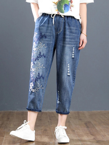 Max LuLu 2023 Нова лятна мода Дамски дънки на цветя Дамски луксозни дънкови панталони с бродерия Дамски скъсани еластични харем панталони