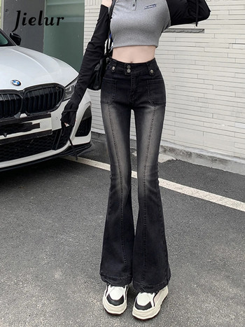 Jielur Vintage сини черни дънки за жени Есенни корейски нови панталони с висока талия Тънки дънкови панталони за женски джобове S-XL
