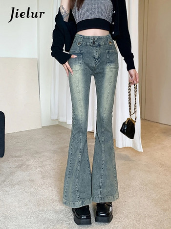 Jielur Vintage μπλε μαύρο τζιν για γυναίκες Φθινοπωρινό κορεατικό νέο Flare ψηλόμεσο παντελόνι Λεπτό τζιν παντελόνι για γυναικείες τσέπες S-XL