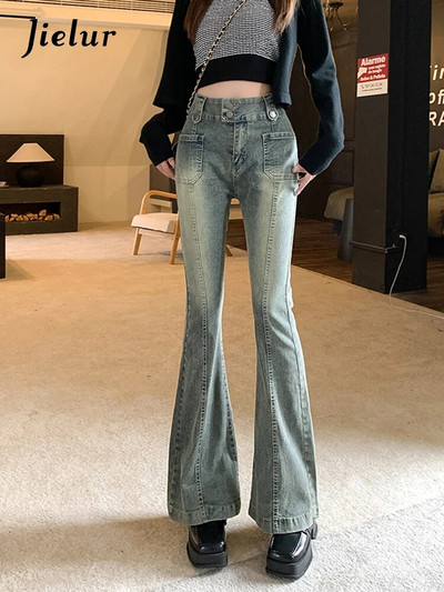 Jielur Vintage plave crne traperice za žene Jesen, korejske nove široke hlače visokog struka, uske traper hlače za ženske džepove S-XL